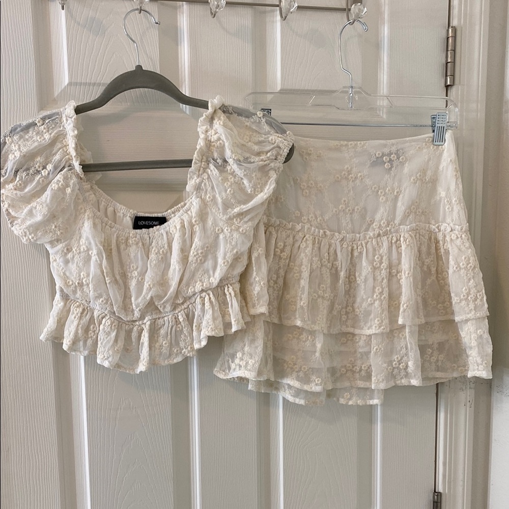 Lace Crop Top and Skirt Set in Cream